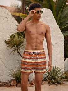 Manfinity VDAYZ Men's Beach Shorts Couples Matching Swimwear Drawstring Waist Front Tie Pocket Geometric Print Beach Vacation Hawaiian