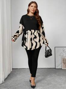 SHEIN Frenchy Plus Size Women Top, Casual & Elegant Patchwork Geometric Pattern With Tie - Multicolor - View 3