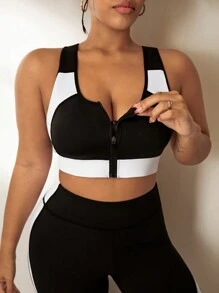 Rhythm Era 2-teiliges Trainingsanzug Set in Große Größen, Schwarz-Weiß Patchwork Sport-BH mit Reißverschluss und funktionale farblich abgesetzte Leggings Trainingsset für Frauen