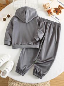 2pcs/Set Young Boys Casual College Style Comfortable And Fashionable Simple Practical Cute Playful Cartoon Animal Printed Thermal Lined Hoodie And Pants, Suitable For Young Boys Outfits, Back To School, Young Boy Clothes, Daily Wear, School, Outings, Sports, Autumn And Winter