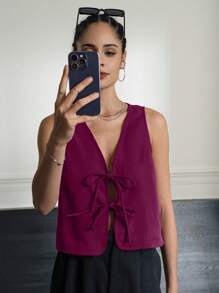 INAWLY Lace-Up Solid Color V-Neck Sleeveless Cardigan For Women - Mauve Purple - View 3