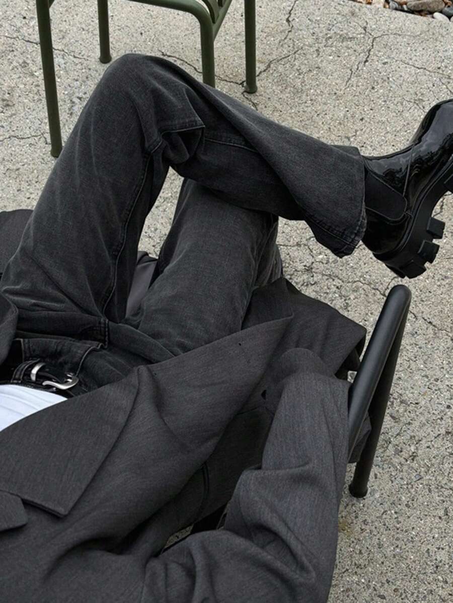 DAZY 女士水洗纯色修身直筒长牛仔裤，适合所有季节 - 黑色 - 查看 1