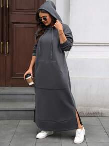 SHEIN LUNE Plus Size Women's Solid Color Hooded Dress, Autumn/Winter