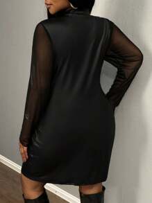 Slaydiva 新年/复活节/西部/假日时尚优雅休闲派对约会女式大码网纱拼接PU长袖修身拉链迷你连衣裙，适合秋冬季穿着 - 黑色 - 查看 3