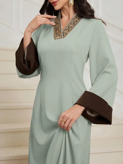 Al Najma 2024 春秋新款 V 领修身浅色阿拉伯风格连衣裙，优雅长款 Jalabiya 阿拉伯连衣裙，适合晚会/婚礼嘉宾/周年纪念，端庄