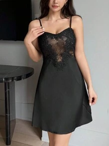 DAZY Lace & Satin Splicing Sexy Mini Slip Dress Lingerie For Women - Black - View 7