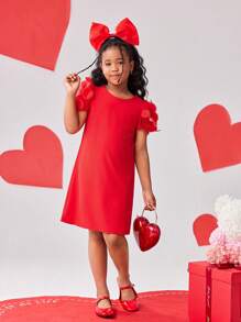 Vestido línea A con cuello redondo para niñas preadolescentes, con decoración de malla 3D y parches, en color rojo, adecuado para Año Nuevo, salidas, fiestas y todas las estaciones