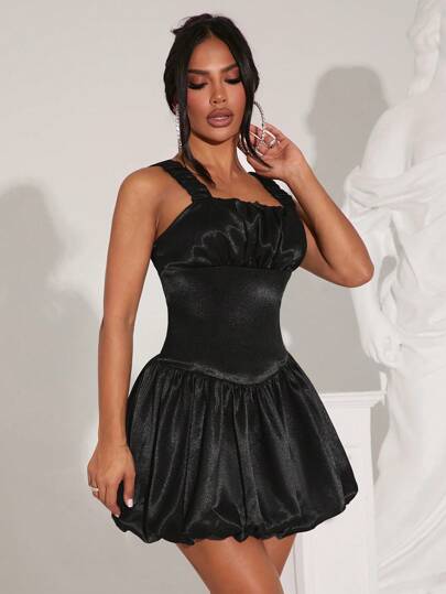 SHEIN SXY 女士优雅纯色细肩带泡泡迷你连衣裙