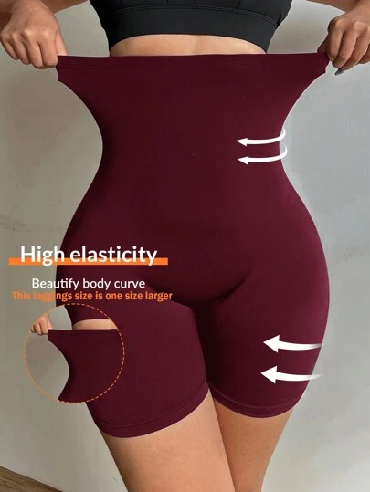 SHEIN Essnce Pantalones cortos de mujer de talla grande con diseño calado, pantalones cortos casuales de mujer para otoño con alta elasticidad, control de abdomen, levantamiento de glúteos, embellecimiento de la curva corporal y ajuste ceñido