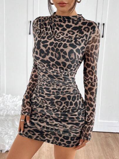 SHEIN EZwear Leopard Print Mesh Ruched Long Sleeve Fashionable Mini Dress For Women,Summer Dresses For Women