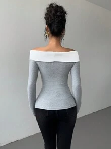 Chiquease Women Elegant Contrast Color Off Shoulder Bowknot Tie T-Shirt, Autumn