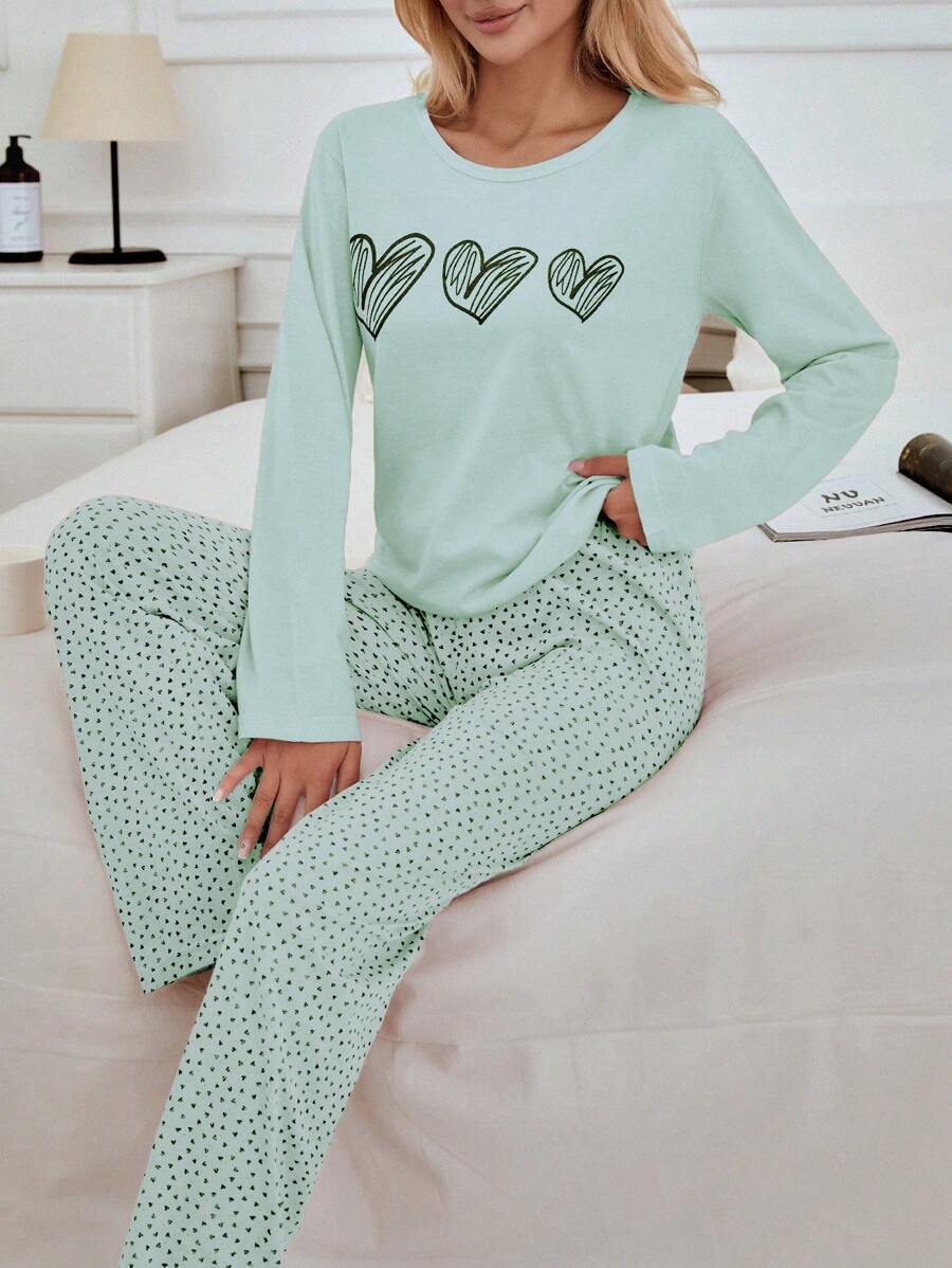 RueChic Set de pijama de 2 piezas de 100% algodón con estampado de corazones