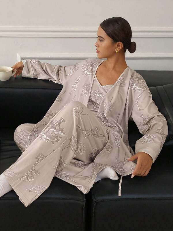 DAZY 3pcs/Set Elegance Tree Pattern Printed Robe With Camisole & Long Pants Pajama Set