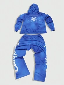 ROMWE MEN Street Life Heren Letter Print Hoodie en Losse Rechte Broek Trainingspak Set