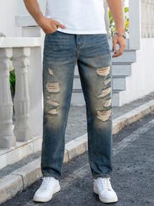 Manfinity Homme Men's Pocket Distressed Straight Leg Casual Denim Jeans - Dark Wash - View 1