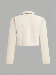 SHEIN Explorewe Setelan 2 Potong untuk Anak Perempuan Remaja: Jaket Lengan Panjang Berkerah Warna Polos dengan Kancing Ganda & Rok Mini, Musim Gugur - Aprikot - View 5