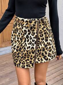 SHEIN LUNE 女式豹纹半身裙，秋冬款 - 棕色 - 查看 5