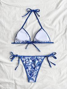 Soleia 2 piezas Conjunto de bikini estampado de vacaciones para mujer