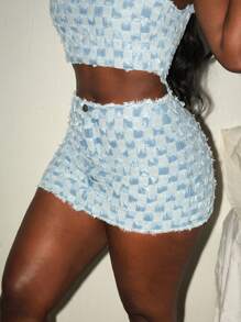 Slaydiva Fashionable Plaid Fringe Trim Fitted Mini Denim Skirt - Light Wash - View 1