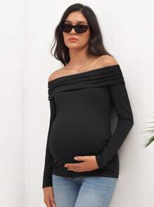 SHEIN Women's Solid Color T-Shirt, Off-Shoulder Fitted Maternity Tops, Autumn - Black - View 2