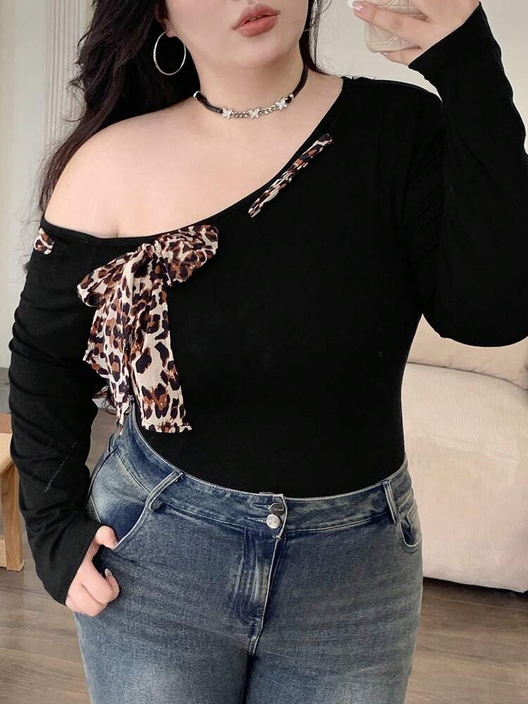 Dazy Plus Plus Size Patchwork Leopard Print Lace-Up Slim Fit Off Shoulder Long Sleeve T-Shirt, Spring/Summer Cheetah Print