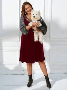 EMERY ROSE Plus Size Christmas V-Neck Sequins Patchwork Elegant Long Sleeve Winter Dress Christmas Dress