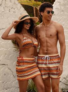 Manfinity VDAYZ Men's Beach Shorts Couples Matching Swimwear Drawstring Waist Front Tie Pocket Geometric Print Beach Vacation Hawaiian