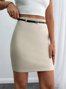 RueChic Women High Waist Bodycon Mini Skirt With Belt - Beige - View 3