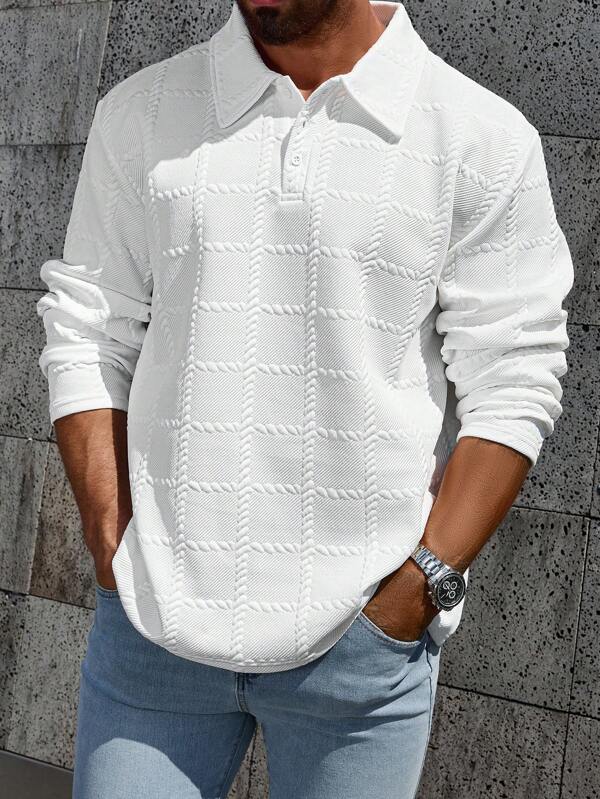 Manfinity Homme Plus Size Men Plain Color Button Down Casual Long Sleeve Polo Shirt, For Going Out, For Fall