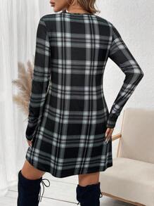 SHEIN LUNE 女式休闲格子印花圆领长袖连衣裙 - 彩色 - 查看 2