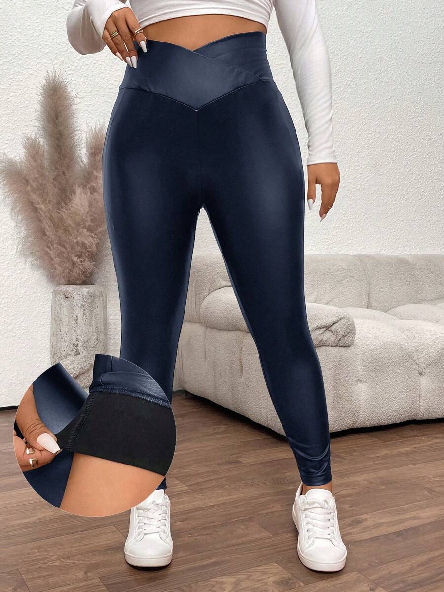 SHEIN Frenchy Plus Size Women Thermal Thermal Lined Skinny Leggings - Navy Blue - View 1