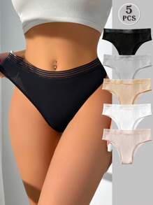 5pcs/Set Semi-Sheer Waistband Comfortable Elegant Ladies Hipster Underwear