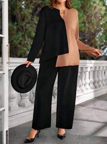 EMERY ROSE Plus Size Women 2pcs Set Contrast Notched V-Neck Long Sleeve Shirt And Wide Leg Pants, Casual,Winter Clothes For Women