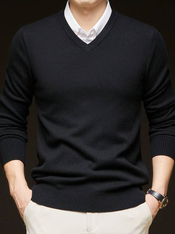 Jersey de punto grueso de cuello en V liso para hombre, otoño/invierno