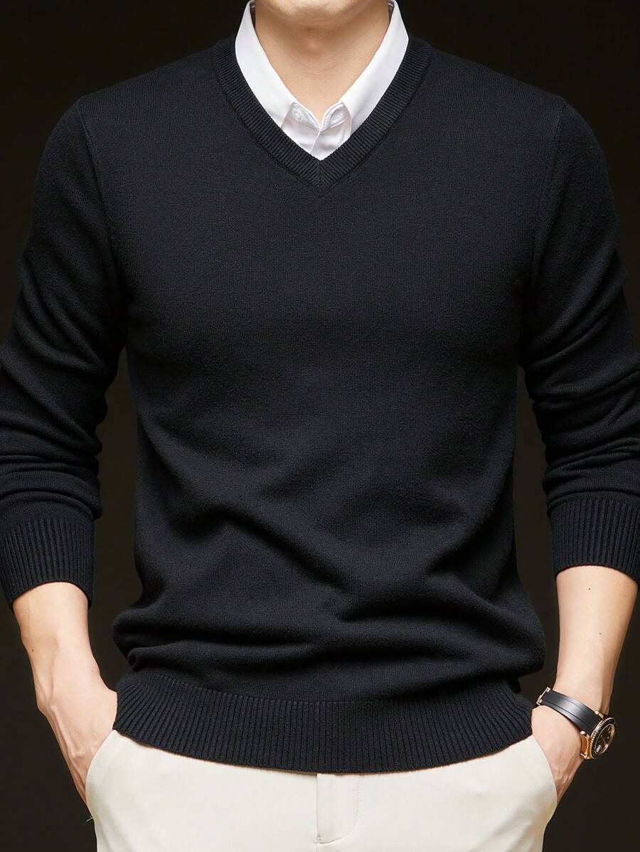Men's V-Neck Plain Knitted Thick Sweater, Autumn/Winter
