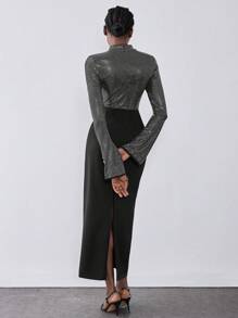 SHEIN Unity Abito elegante dritto in maglia metallica di lusso, abito lungo elegante e lucido, abito aderente a collo tondo, abito aderente con scollo a V e maniche a campana con paillettes, abito da festa per feste di vacanza, vestito lungo da donna per l'autunno - nero - Visualizzare 2
