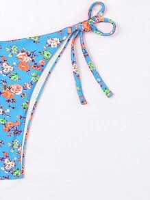 SHEIN Swim 女士花卉印花系带比基尼泳裤泳裤，随机印花夏季 - 藍色 - 查看 5