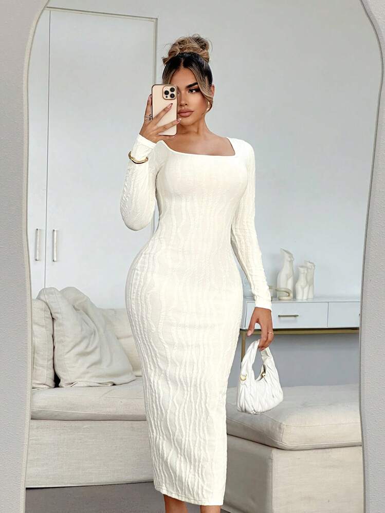 SHEIN SXY Robe à manches longues en maille torsadée à col rond couleur abricot pour automne/hiver