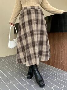 Dazy Plus Elastic Waist Plaid Mid-Length A-Line Pleated Skirt, Loose School Style, All Seasons