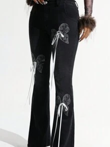 SHEIN ICON Jeans With Butterfly Print & Bow Decor Bell Bottoms Skinny Flared Jeans - Black - View 4