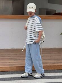 SHEIN 2pcs/Set Tween Boy Korean Style Loose Casual Hooded Striped Patchwork Short Sleeve T-Shirt And Pants Set, Suitable For Sports, Casual Wear, And School - Blue - View 6