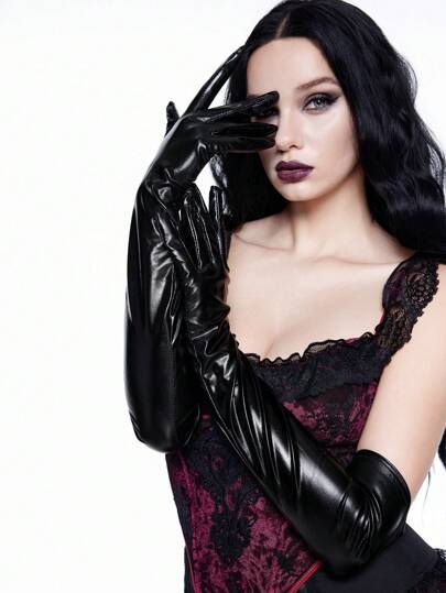 Goth 1pair Dark Solid Color Long Gloves, Punk Style PU Arm Warmers, Daily Warm Long Gloves, Fashion Accessory For Parties & Events Valentines