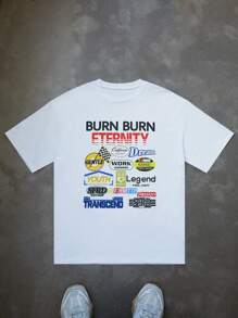 Manfinity EMRG Best - Selling On INS! This Men's White T - Shirt In A Young Street Style Is Covered With Diverse Patterns And Texts On Both The Front And Back. On The Front, "BURN BURN ETERNITY" Is Written In Black And Red Letters At The Top. Below It, There Are Numerous English Labels Arranged, Such As "Dream", "WORK", "YOUTH", Etc., Presenting A Dynamic Style.Men's Round Neck Short Sleeve Casual T-Shirt, Minimalist And Fashionable Everyday Wear - White - View 1