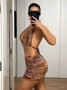 SHEIN ICON Retro American Style Maillard Slim Fit Sexy Bodycon Mini Skirt - Rust Brown - View 4