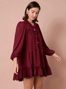 Enchnt Vestido Casual Feminino de Cor Sólida com Babado, Outono - Vinho - Visão 4