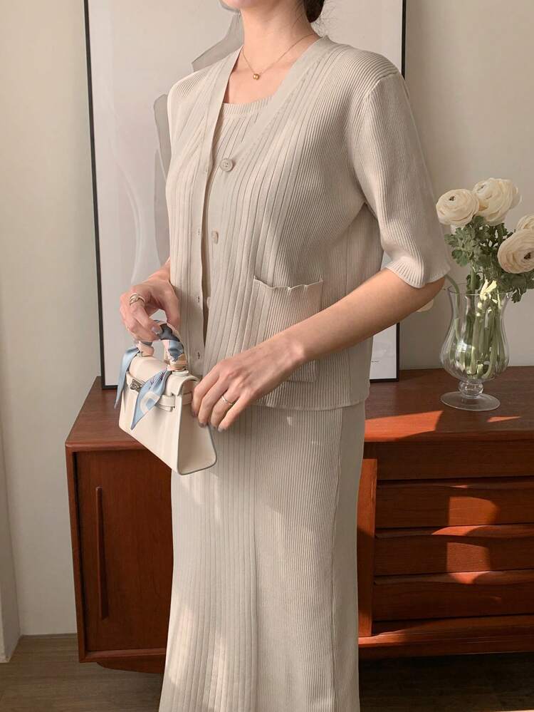 2pcs Women Business Casual Knitted Sweater Dress And Cardigan Set Fall