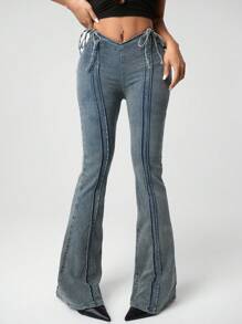SHEIN ICON Y2K Jeans femininos de cintura baixa com cordão e alargamento, casuais e versáteis, jeans de cintura baixa, jeans largos, jeans femininos de perna reta, jeans femininos de cintura baixa com cordão e alargamento, casuais e versáteis - Azul - Ver 1