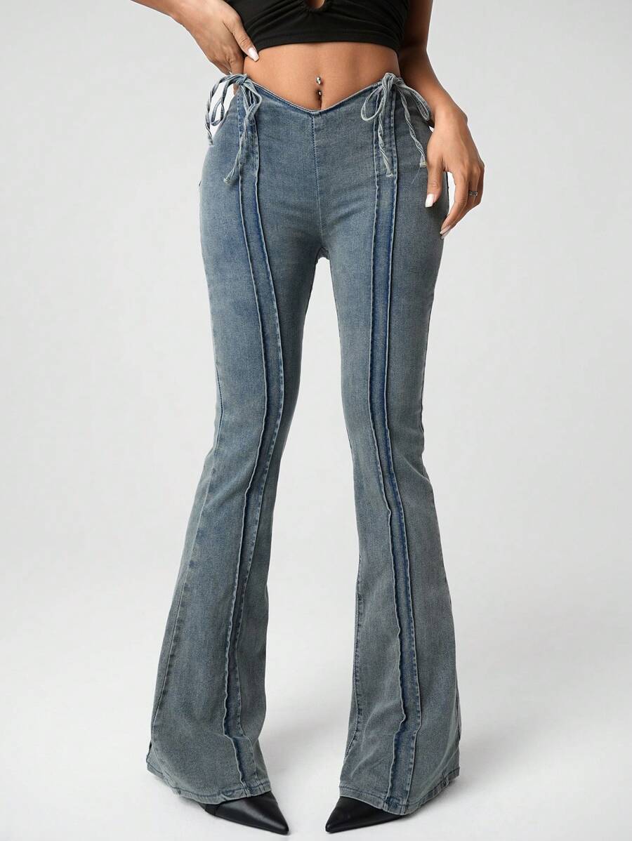 SHEIN ICON Y2K Jeans femininos de cintura baixa com cordão e alargamento, casuais e versáteis, jeans de cintura baixa, jeans largos, jeans femininos de perna reta, jeans femininos de cintura baixa com cordão e alargamento, casuais e versáteis - Azul - Ver 1