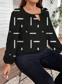 SHEIN LUNE Bluzka w rozmiarze plus size, swobodna, minimalistyczna, w paski, czarno-biały wzór, rękaw typu latarnia, dekolt w szpic, luźna, odpowiednia na jesień/zimę
