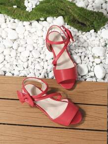 新款女孩红色蝴蝶结高跟鞋，儿童露趾粗跟凉鞋 - 紅色 - 查看 2